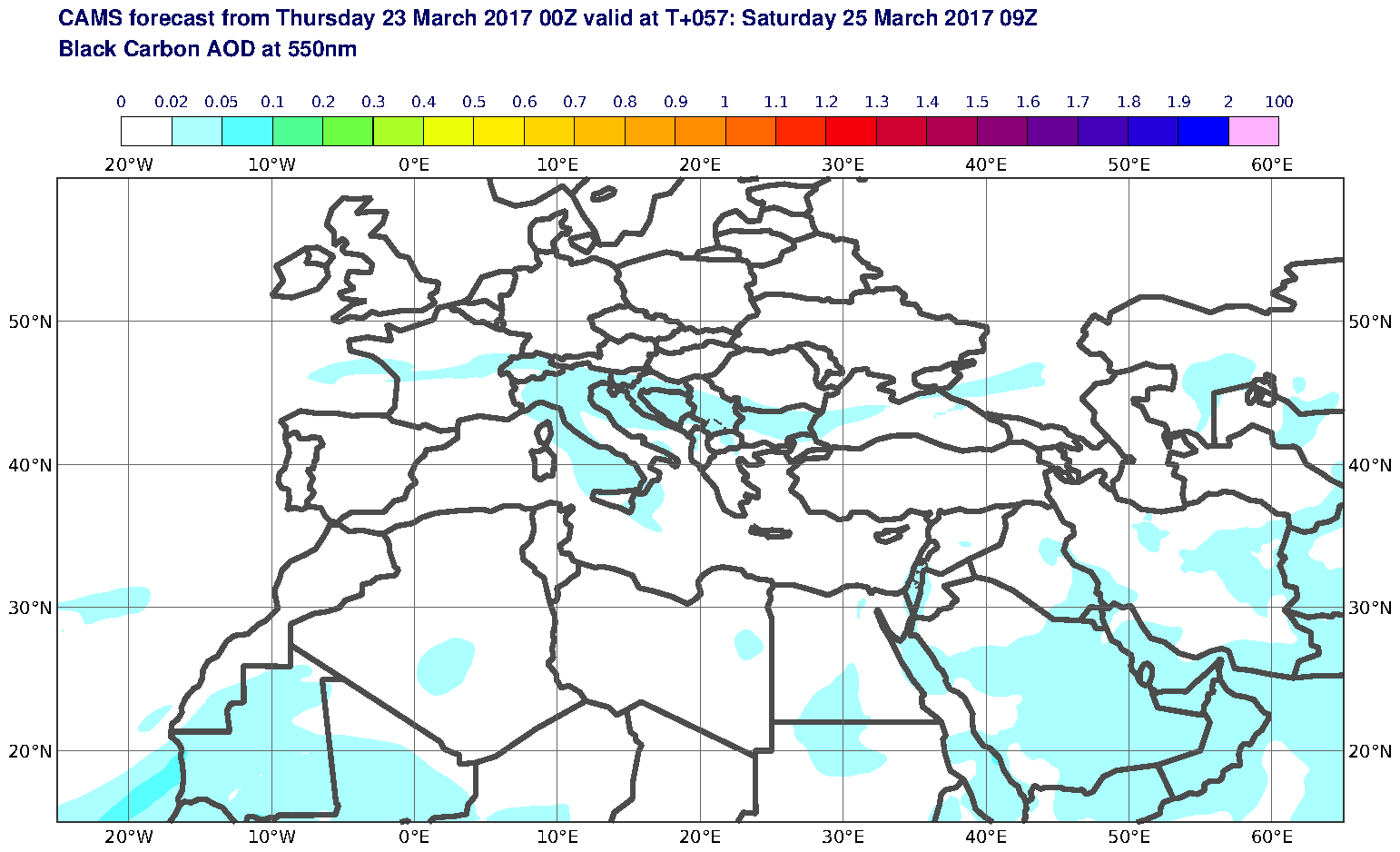 Black Carbon AOD at 550nm valid at T57 - 2017-03-25 09:00