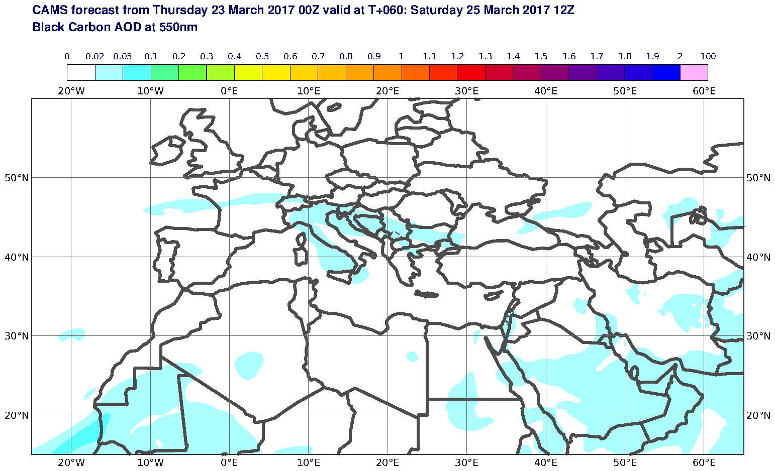 Black Carbon AOD at 550nm valid at T60 - 2017-03-25 12:00