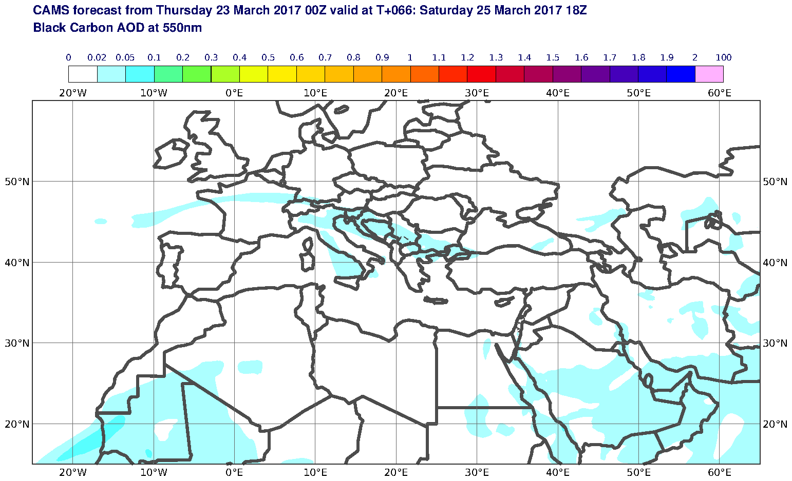 Black Carbon AOD at 550nm valid at T66 - 2017-03-25 18:00