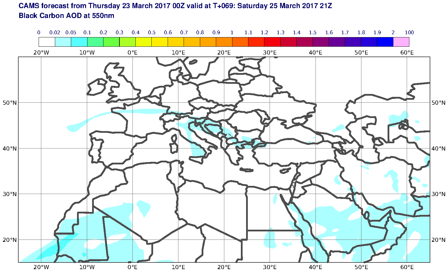 Black Carbon AOD at 550nm valid at T69 - 2017-03-25 21:00