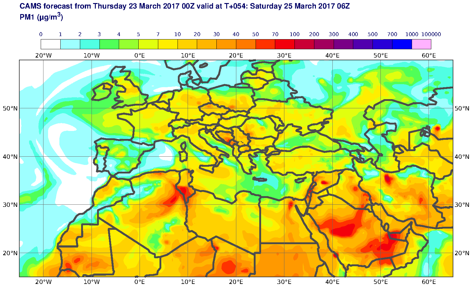 PM1 (μg/m3) valid at T54 - 2017-03-25 06:00