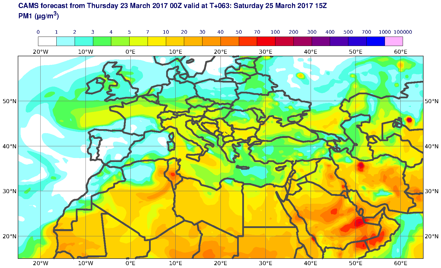 PM1 (μg/m3) valid at T63 - 2017-03-25 15:00