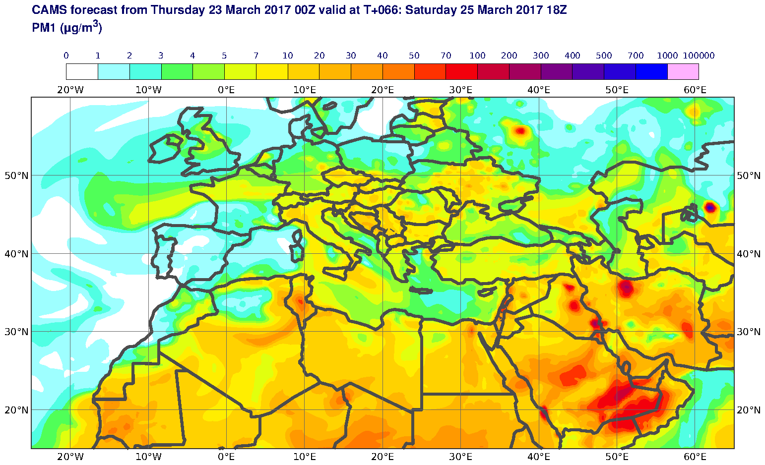 PM1 (μg/m3) valid at T66 - 2017-03-25 18:00