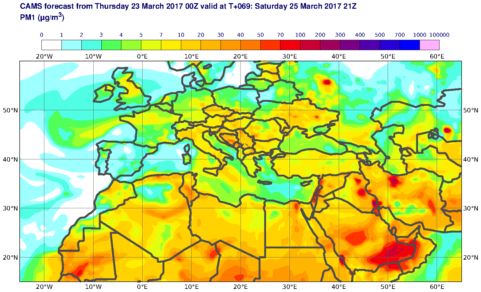 PM1 (μg/m3) valid at T69 - 2017-03-25 21:00