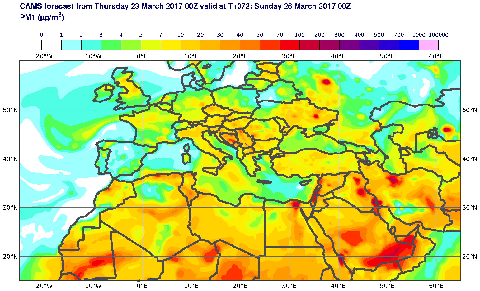 PM1 (μg/m3) valid at T72 - 2017-03-26 00:00