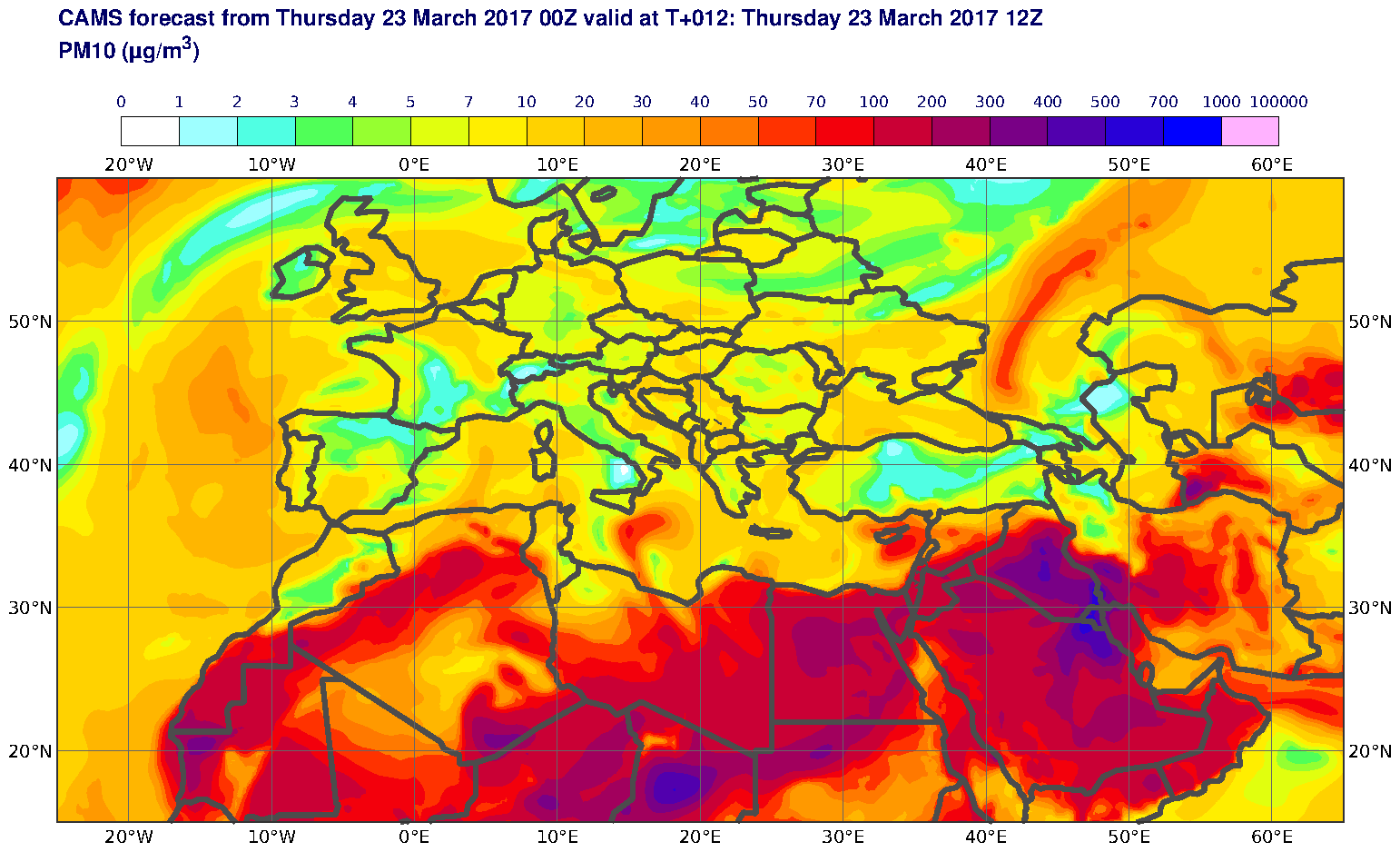 PM10 (μg/m3) valid at T12 - 2017-03-23 12:00