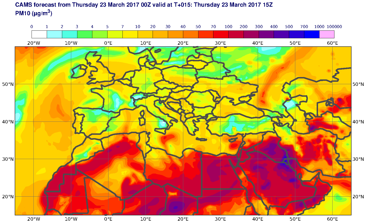 PM10 (μg/m3) valid at T15 - 2017-03-23 15:00