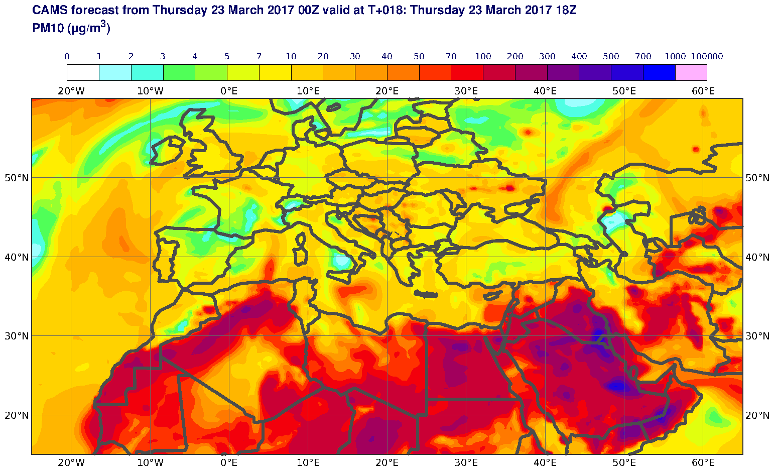 PM10 (μg/m3) valid at T18 - 2017-03-23 18:00