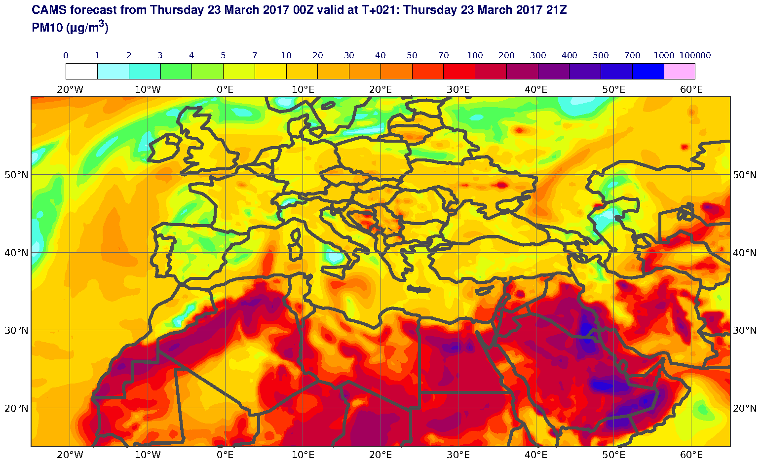 PM10 (μg/m3) valid at T21 - 2017-03-23 21:00