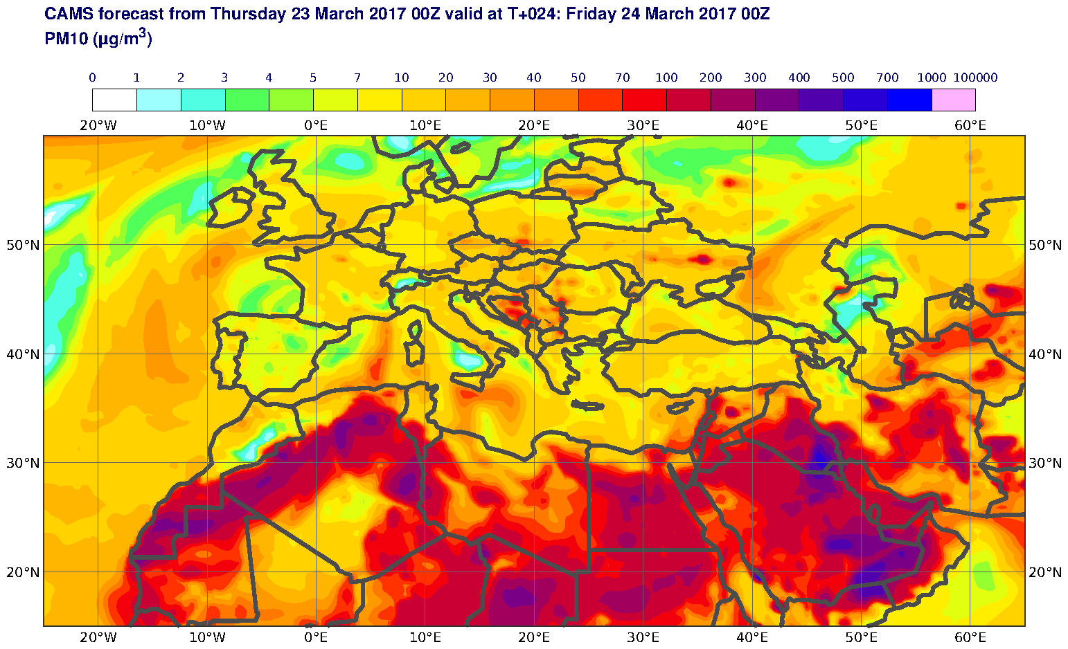 PM10 (μg/m3) valid at T24 - 2017-03-24 00:00