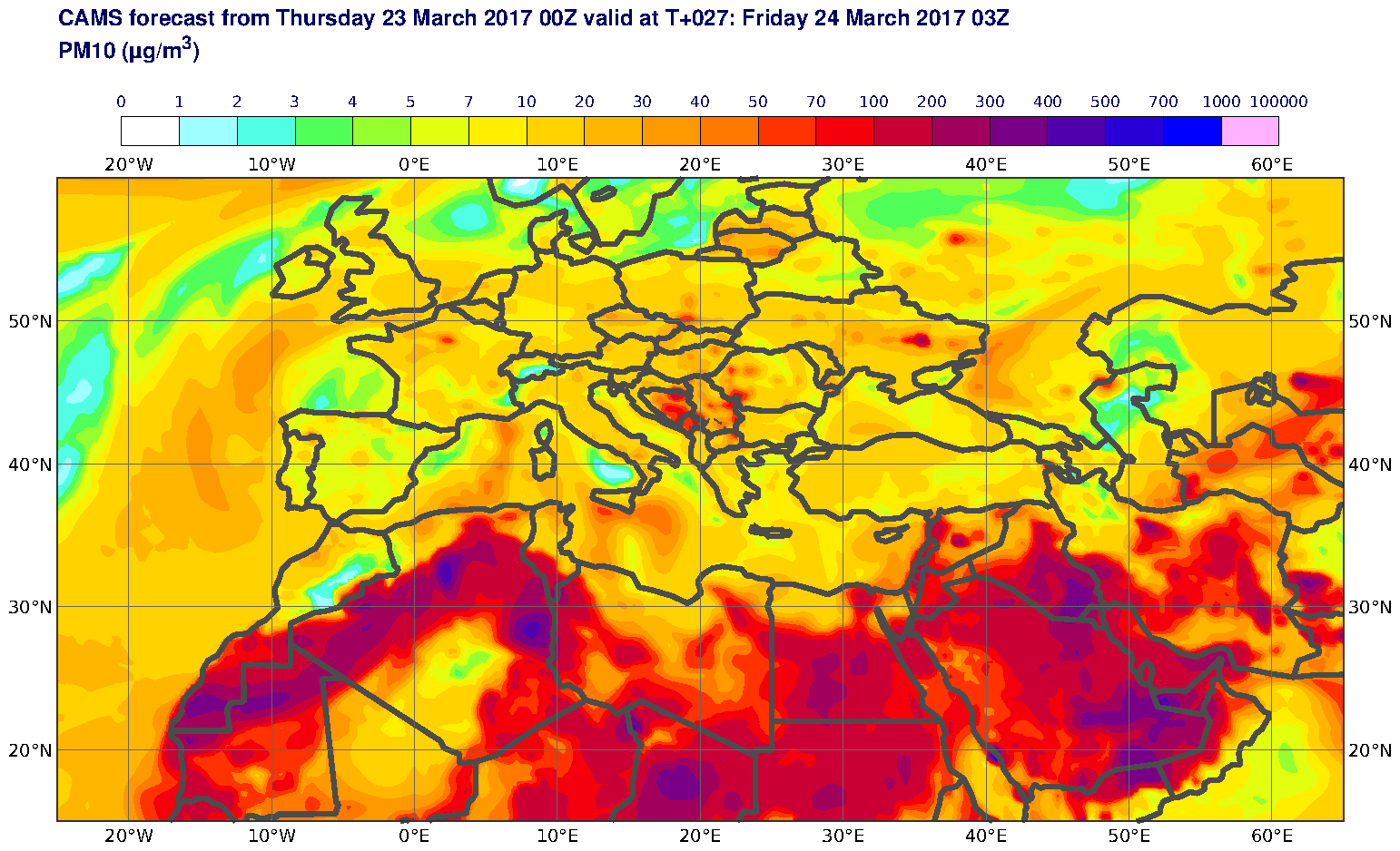 PM10 (μg/m3) valid at T27 - 2017-03-24 03:00