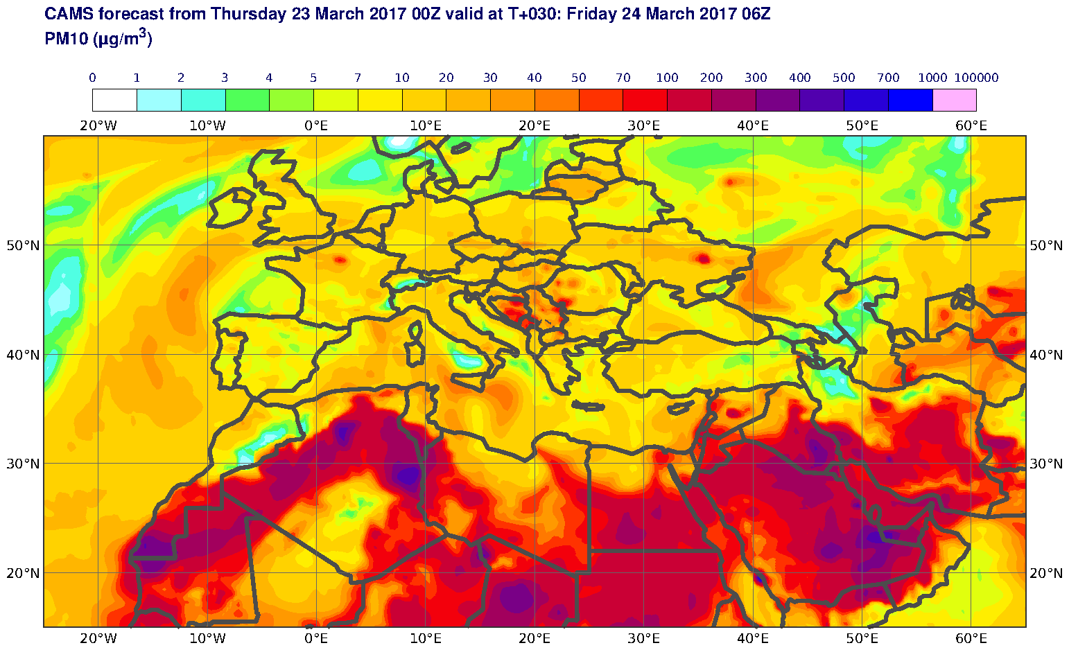 PM10 (μg/m3) valid at T30 - 2017-03-24 06:00