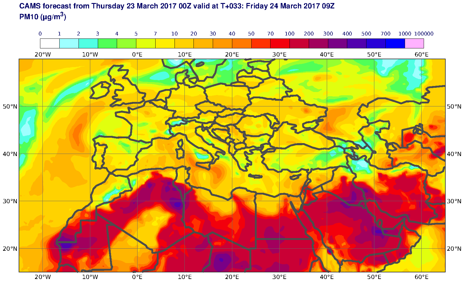 PM10 (μg/m3) valid at T33 - 2017-03-24 09:00