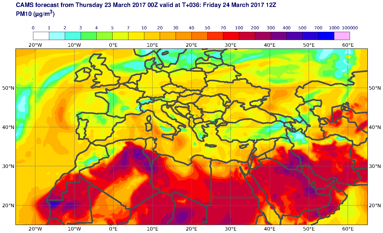 PM10 (μg/m3) valid at T36 - 2017-03-24 12:00