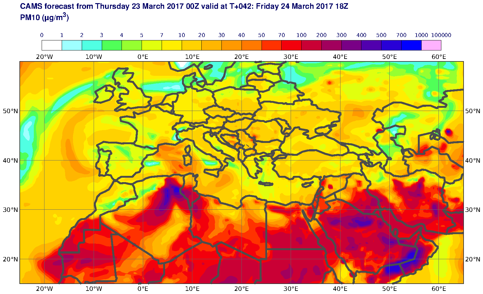 PM10 (μg/m3) valid at T42 - 2017-03-24 18:00