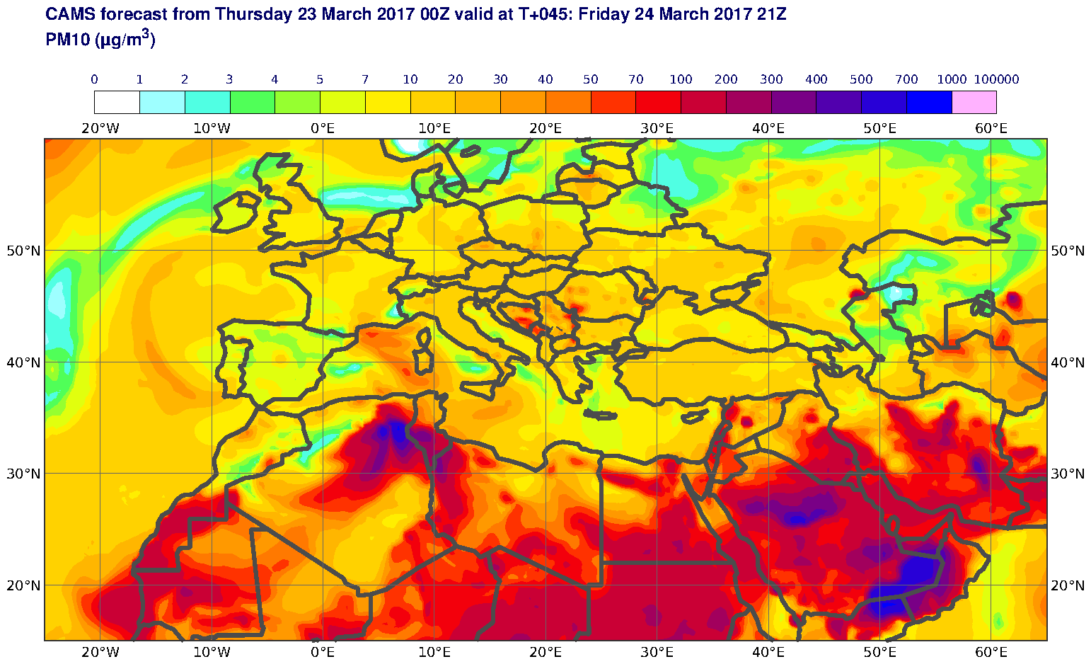 PM10 (μg/m3) valid at T45 - 2017-03-24 21:00