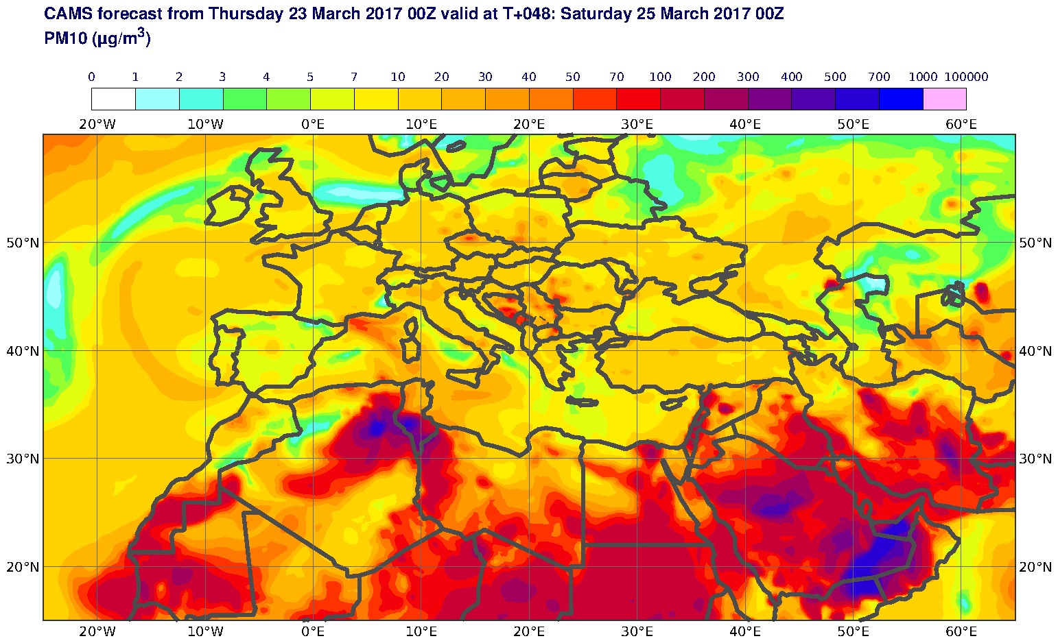 PM10 (μg/m3) valid at T48 - 2017-03-25 00:00