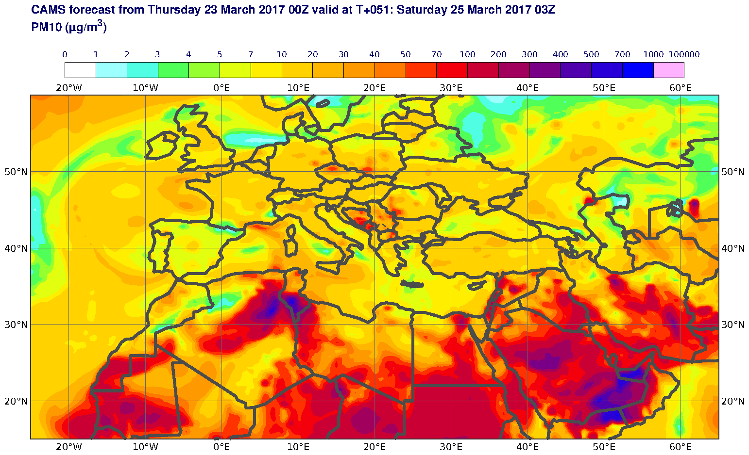 PM10 (μg/m3) valid at T51 - 2017-03-25 03:00