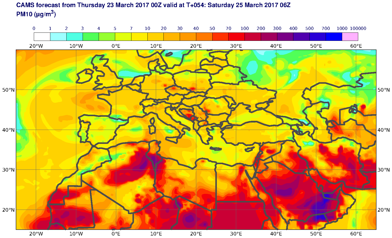 PM10 (μg/m3) valid at T54 - 2017-03-25 06:00