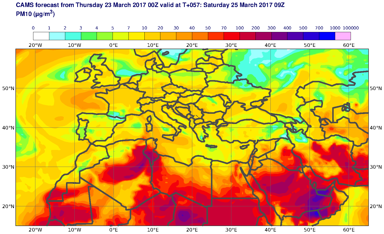 PM10 (μg/m3) valid at T57 - 2017-03-25 09:00