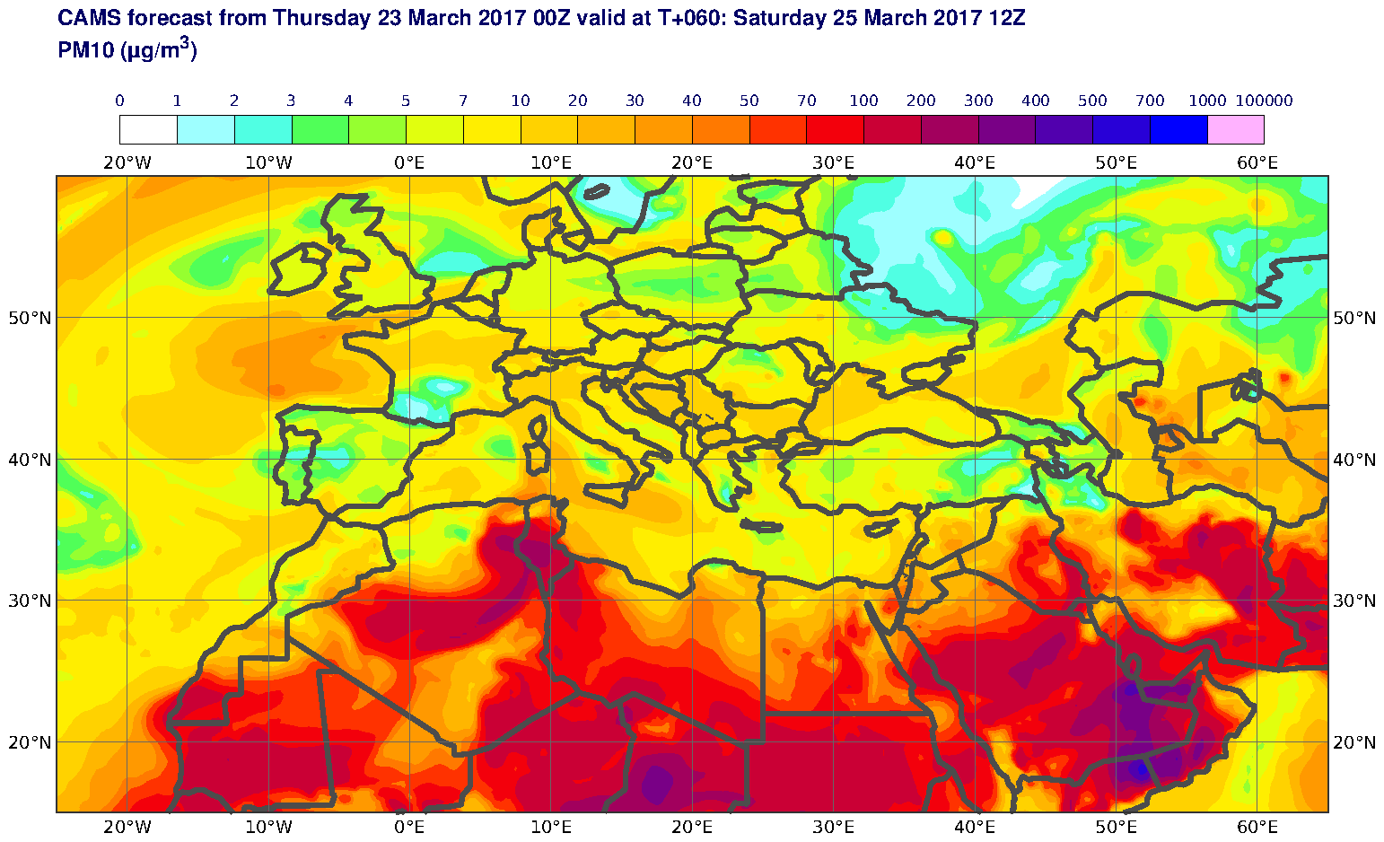 PM10 (μg/m3) valid at T60 - 2017-03-25 12:00