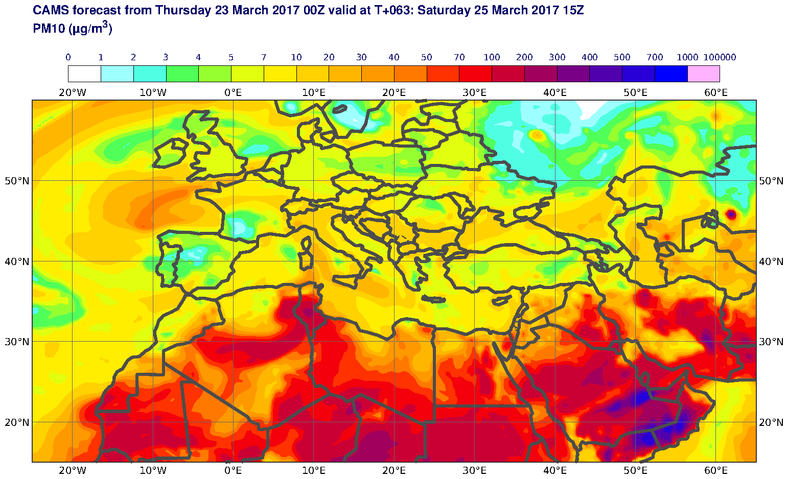 PM10 (μg/m3) valid at T63 - 2017-03-25 15:00