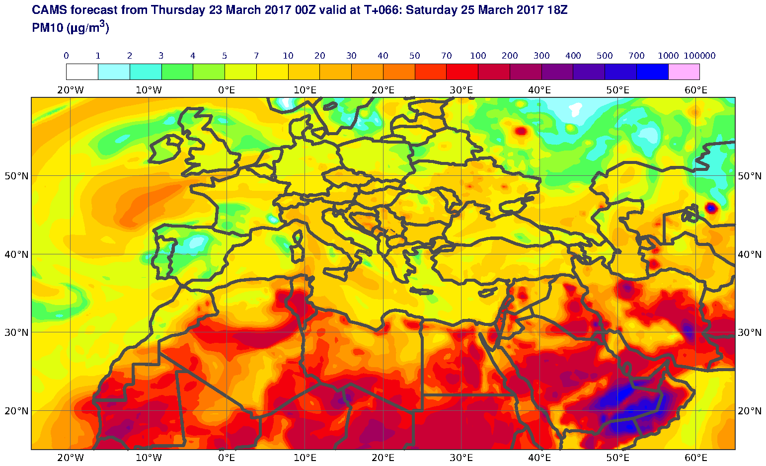 PM10 (μg/m3) valid at T66 - 2017-03-25 18:00