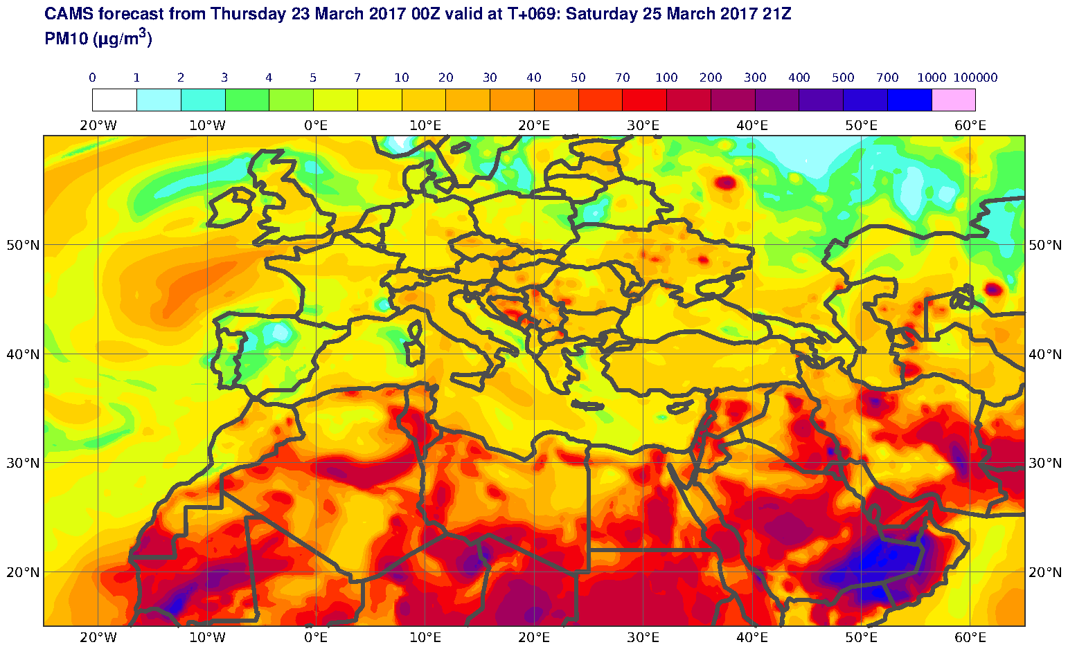 PM10 (μg/m3) valid at T69 - 2017-03-25 21:00