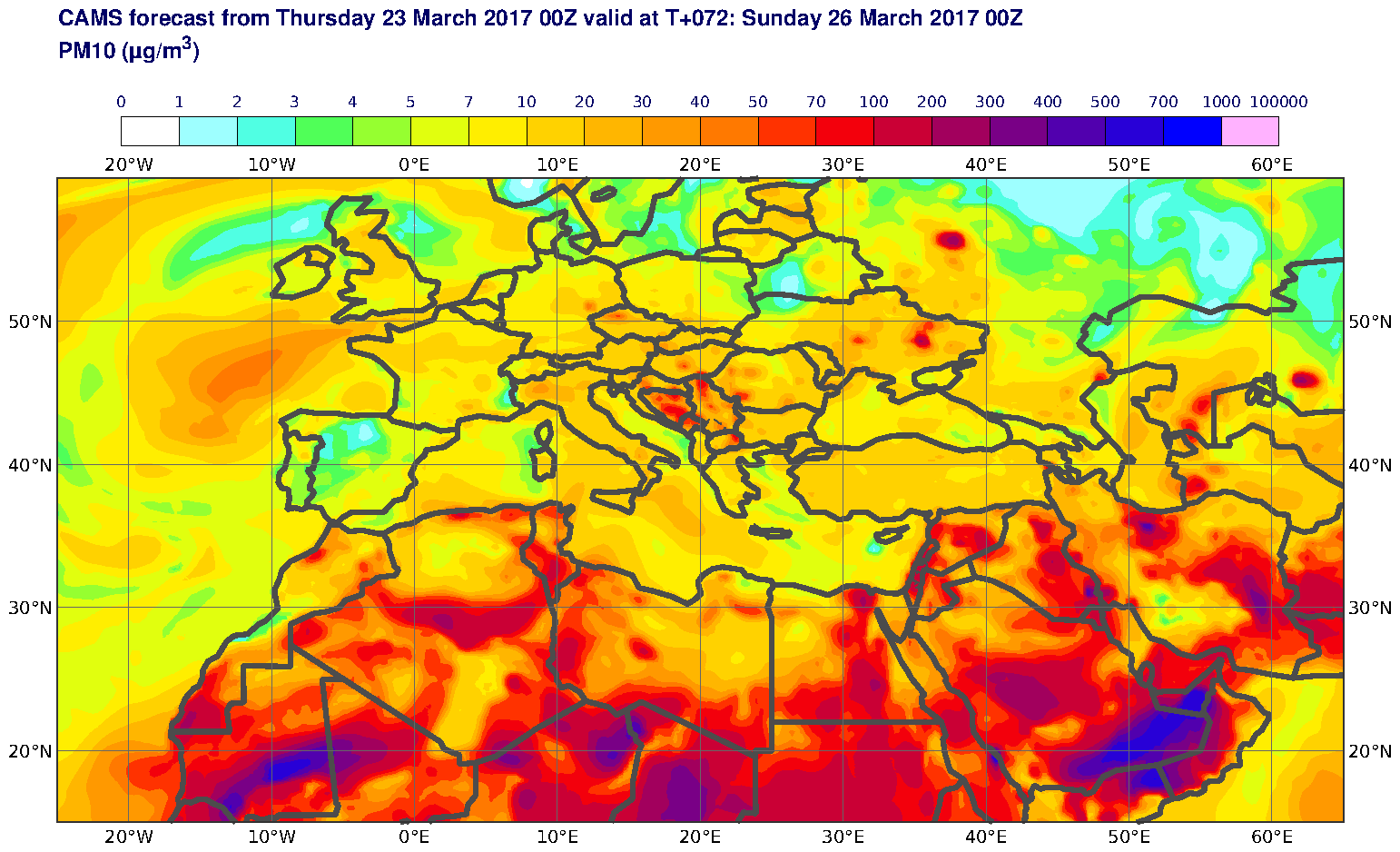 PM10 (μg/m3) valid at T72 - 2017-03-26 00:00