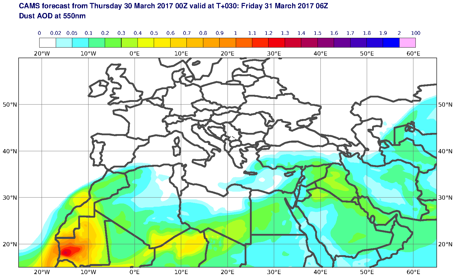 Dust AOD at 550nm valid at T30 - 2017-03-31 06:00