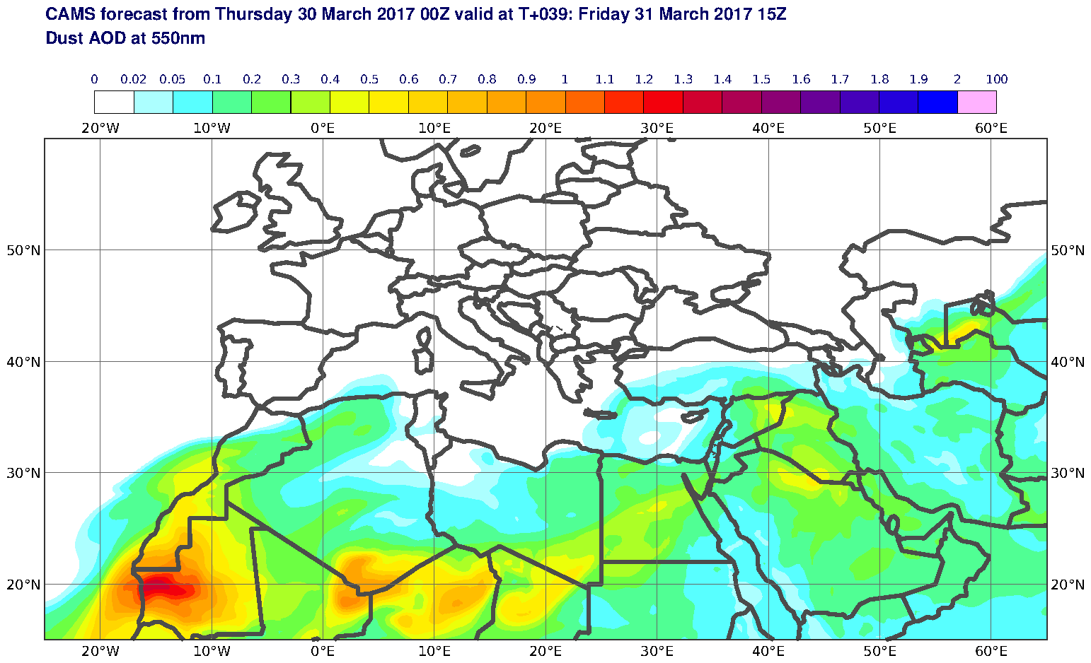 Dust AOD at 550nm valid at T39 - 2017-03-31 15:00
