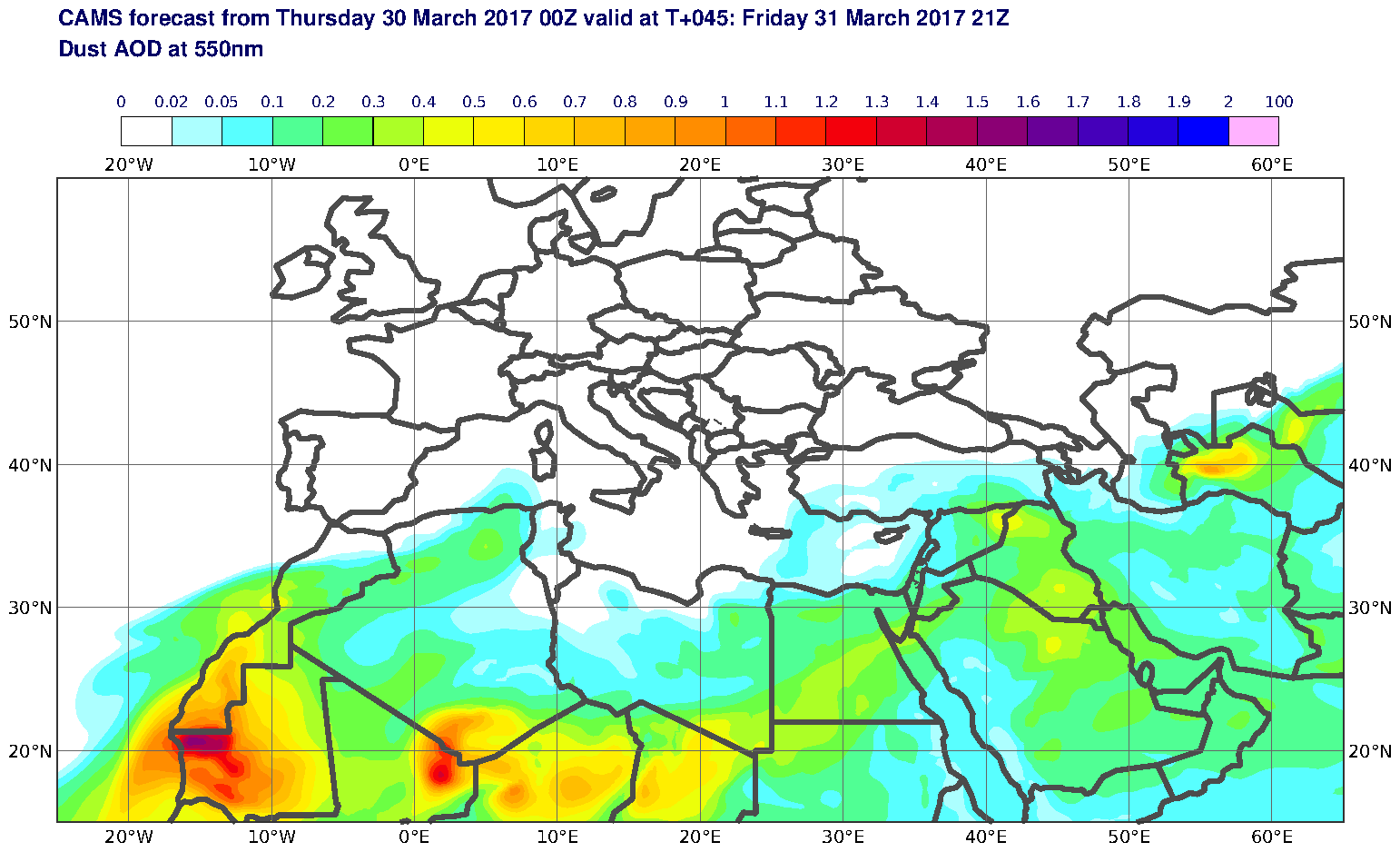 Dust AOD at 550nm valid at T45 - 2017-03-31 21:00