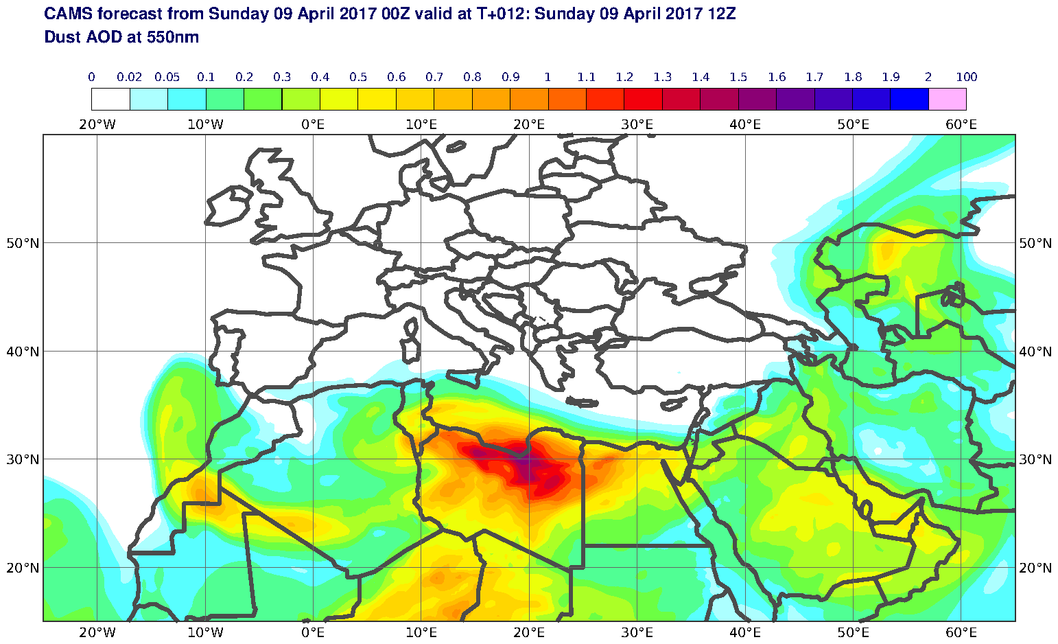 Dust AOD at 550nm valid at T12 - 2017-04-09 12:00