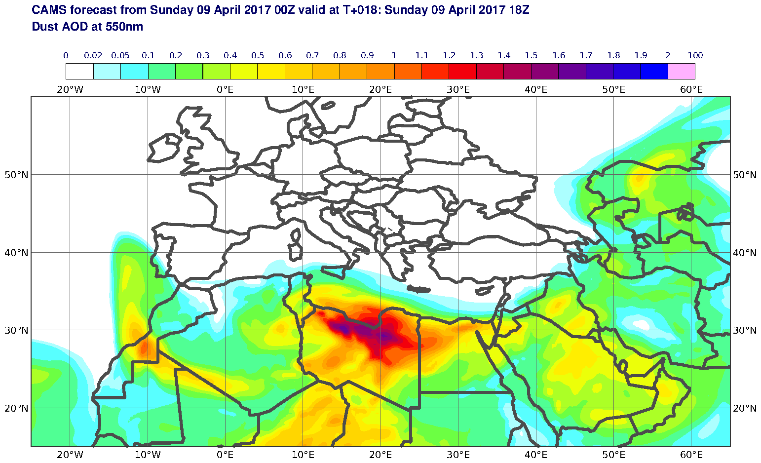 Dust AOD at 550nm valid at T18 - 2017-04-09 18:00
