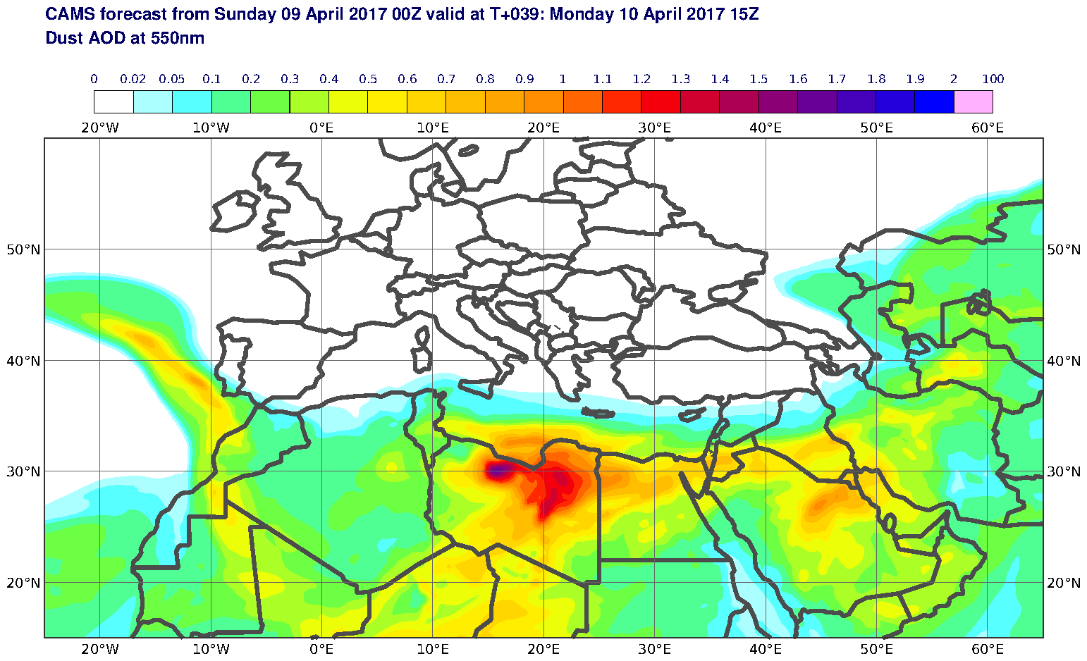 Dust AOD at 550nm valid at T39 - 2017-04-10 15:00