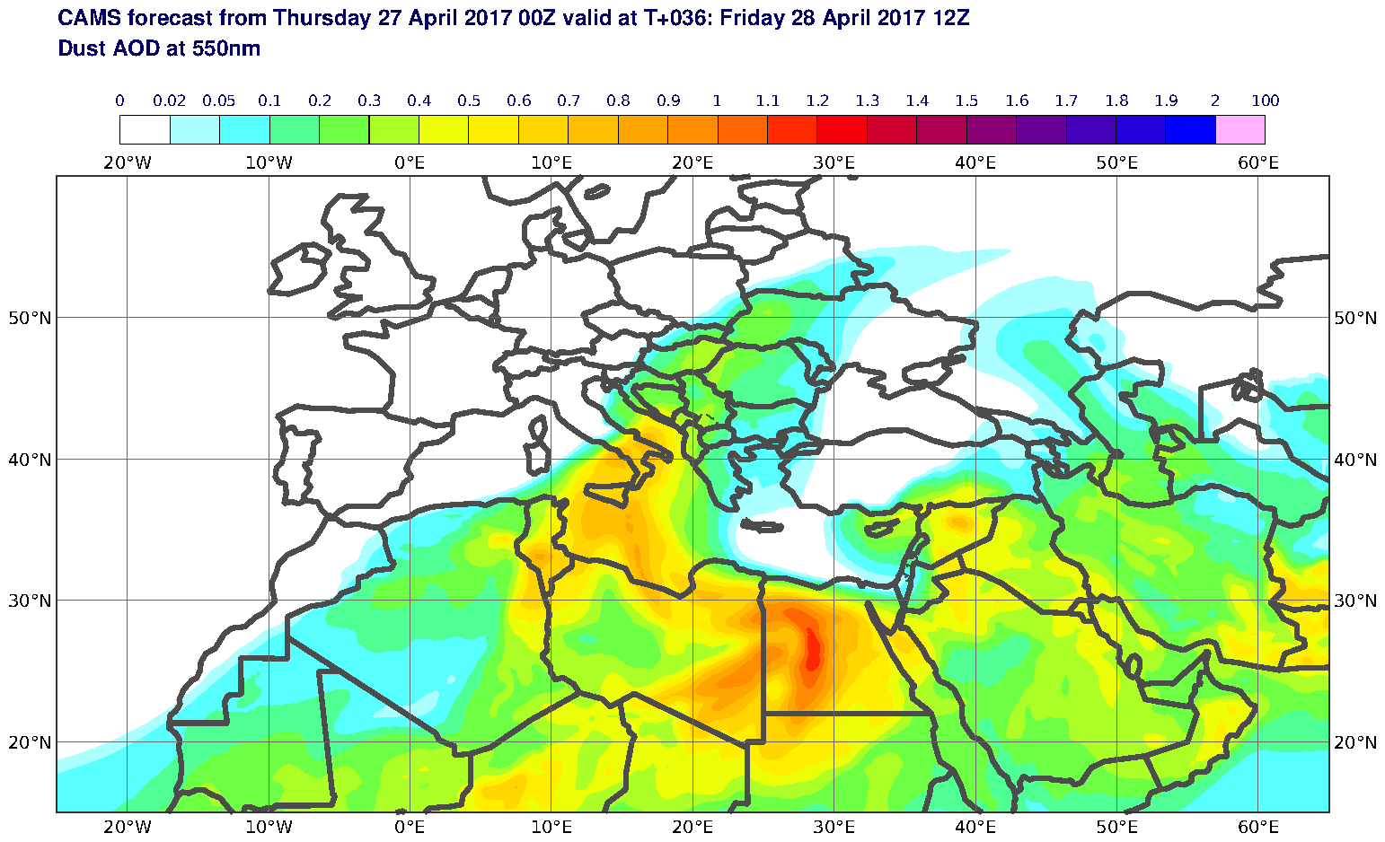 Dust AOD at 550nm valid at T36 - 2017-04-28 12:00