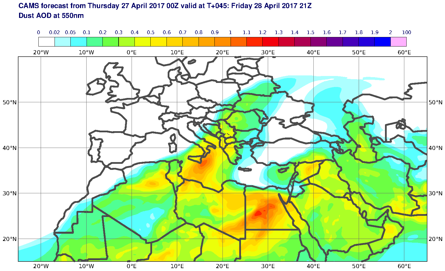 Dust AOD at 550nm valid at T45 - 2017-04-28 21:00