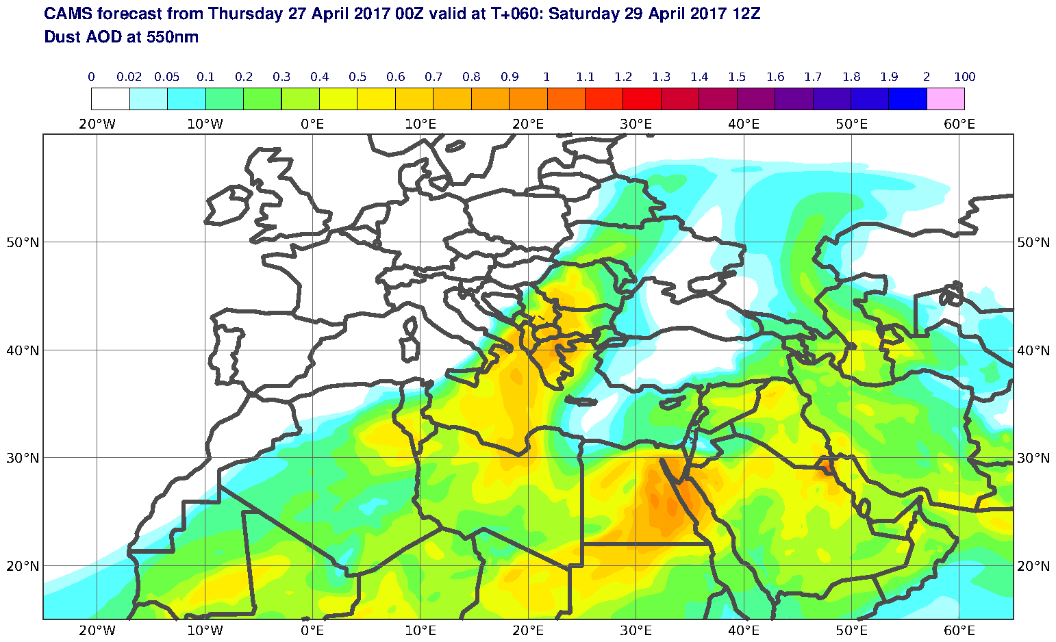 Dust AOD at 550nm valid at T60 - 2017-04-29 12:00