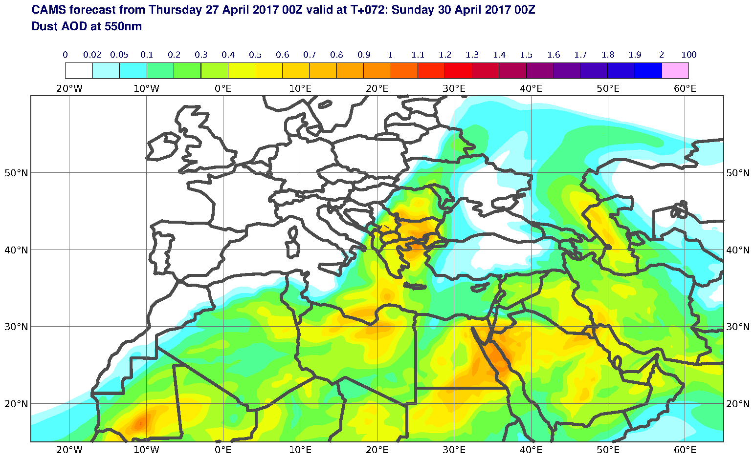 Dust AOD at 550nm valid at T72 - 2017-04-30 00:00