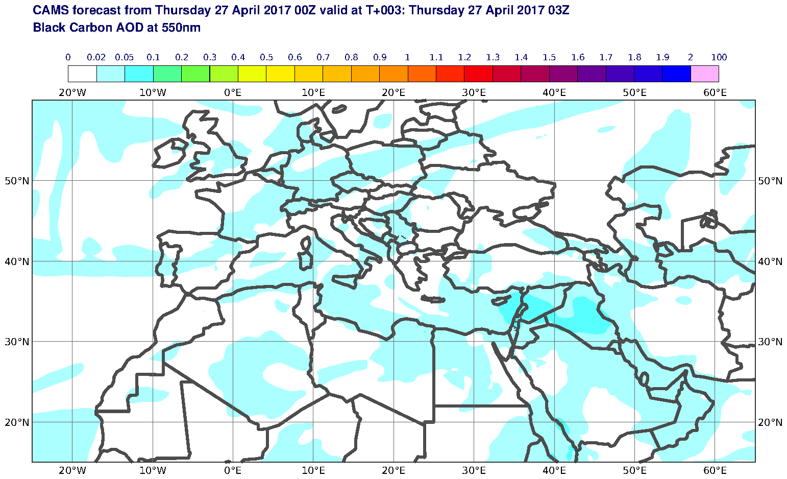 Black Carbon AOD at 550nm valid at T3 - 2017-04-27 03:00