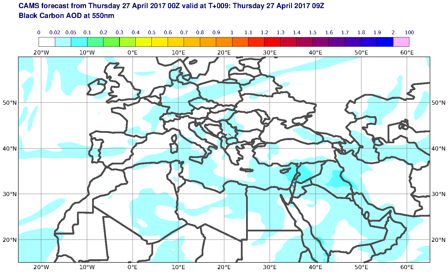 Black Carbon AOD at 550nm valid at T9 - 2017-04-27 09:00