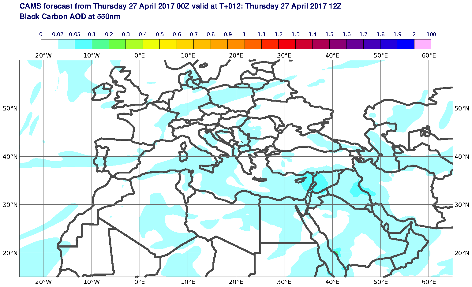 Black Carbon AOD at 550nm valid at T12 - 2017-04-27 12:00