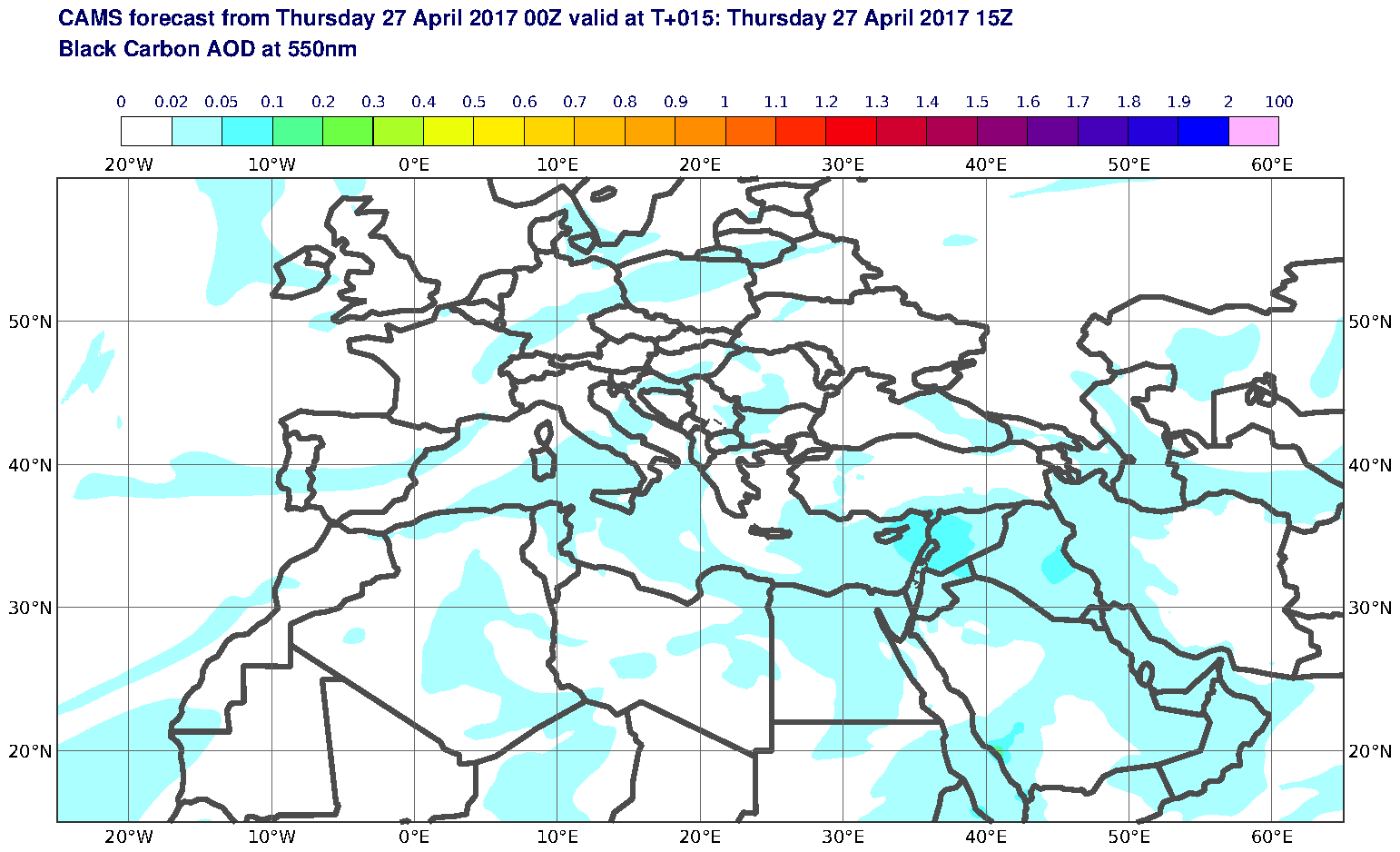 Black Carbon AOD at 550nm valid at T15 - 2017-04-27 15:00