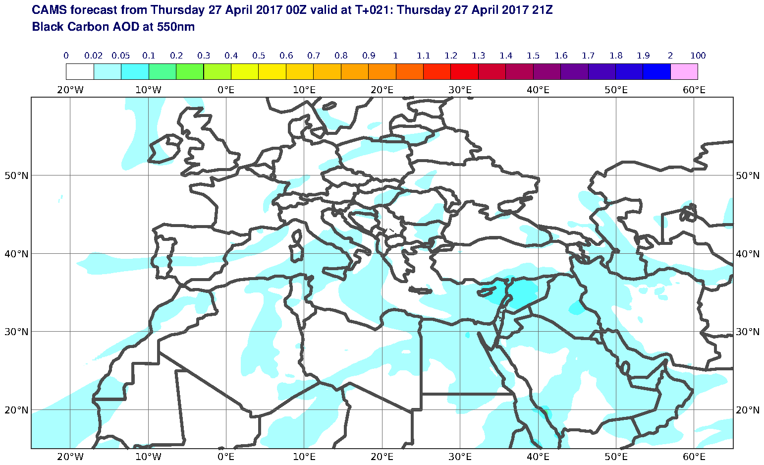 Black Carbon AOD at 550nm valid at T21 - 2017-04-27 21:00