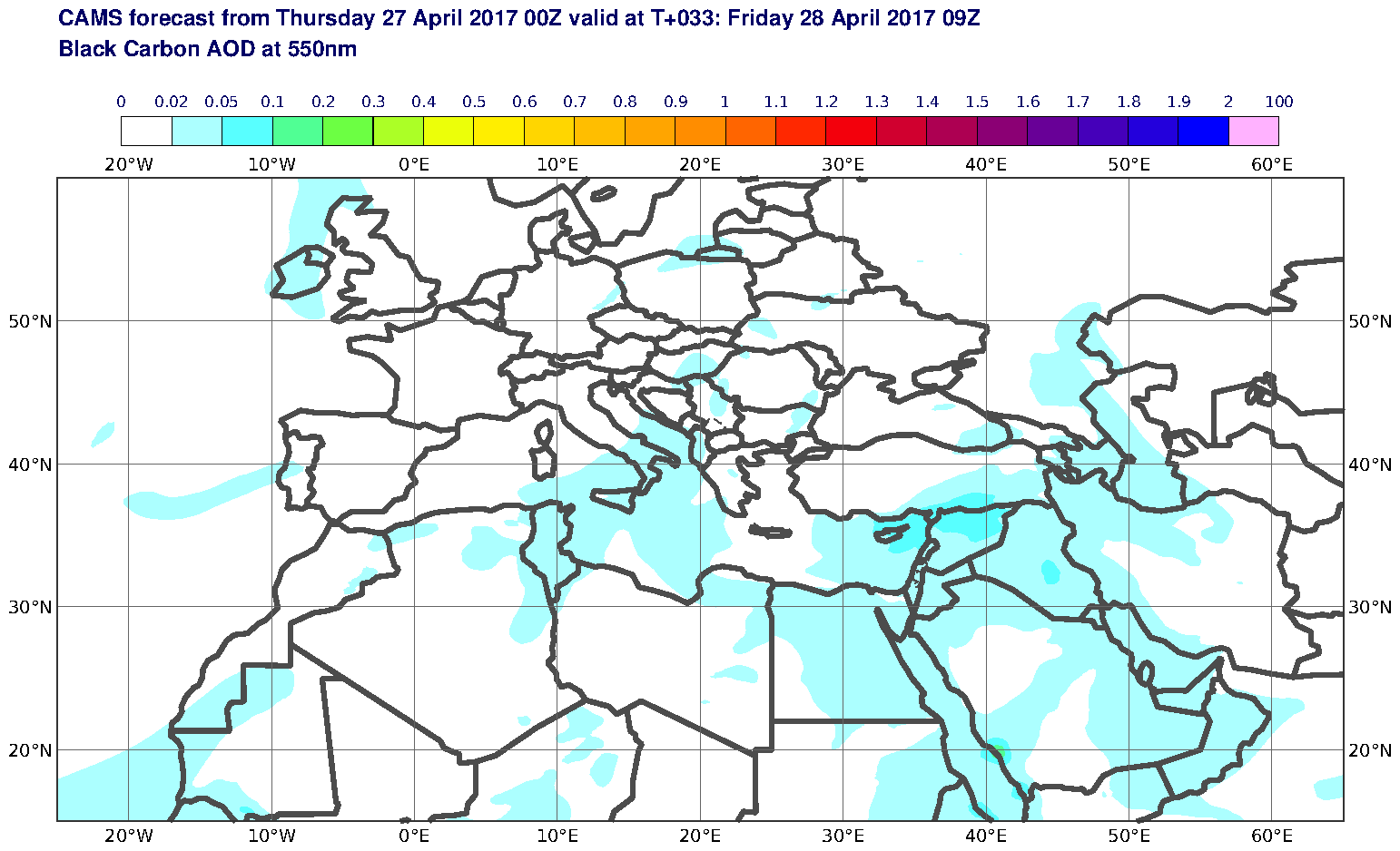 Black Carbon AOD at 550nm valid at T33 - 2017-04-28 09:00