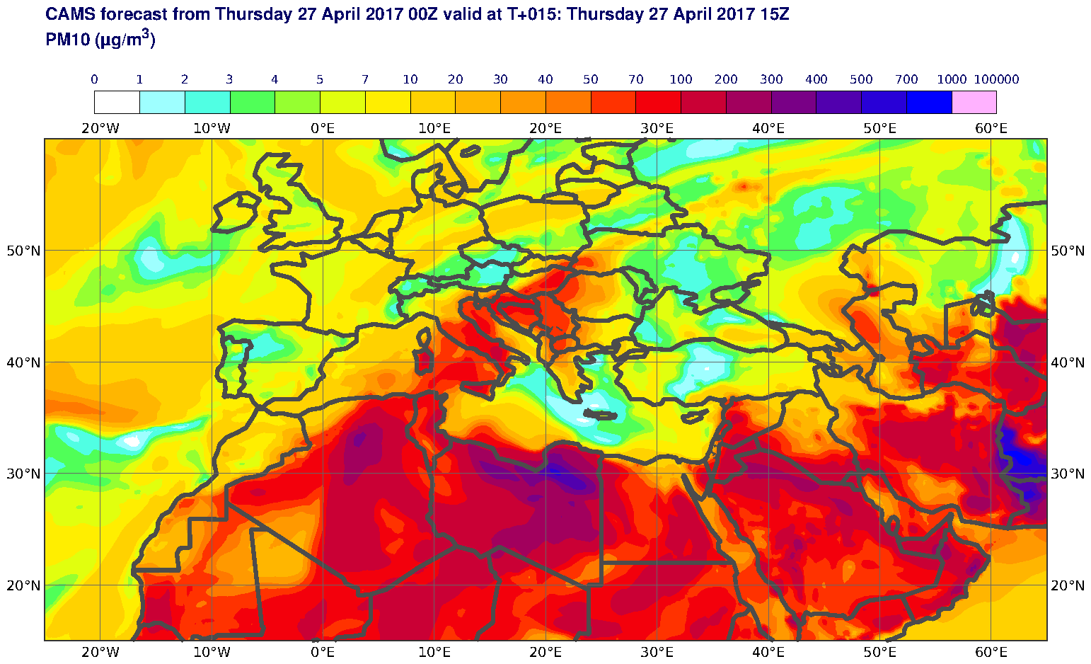 PM10 (μg/m3) valid at T15 - 2017-04-27 15:00