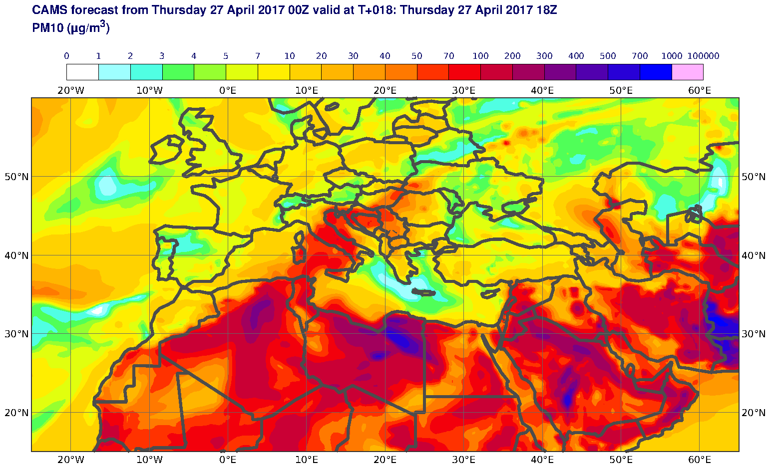 PM10 (μg/m3) valid at T18 - 2017-04-27 18:00