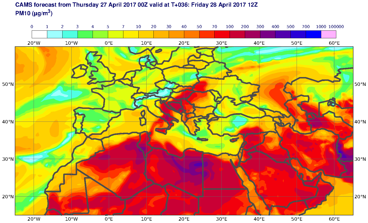 PM10 (μg/m3) valid at T36 - 2017-04-28 12:00