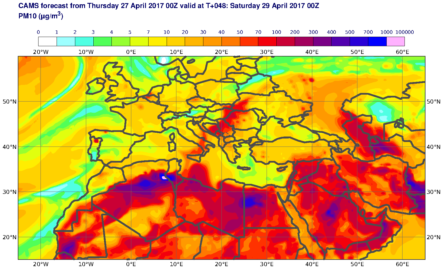 PM10 (μg/m3) valid at T48 - 2017-04-29 00:00