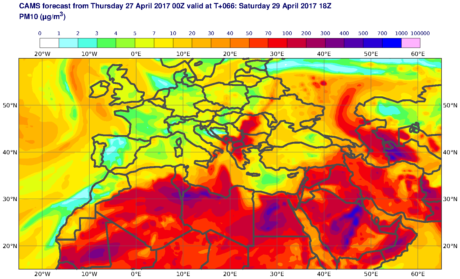 PM10 (μg/m3) valid at T66 - 2017-04-29 18:00